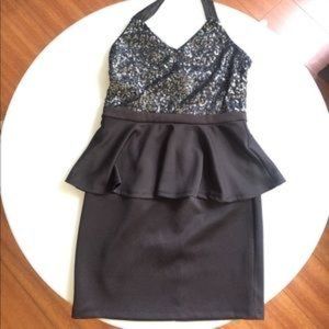 Black sequin peplum v neck halter mini dress